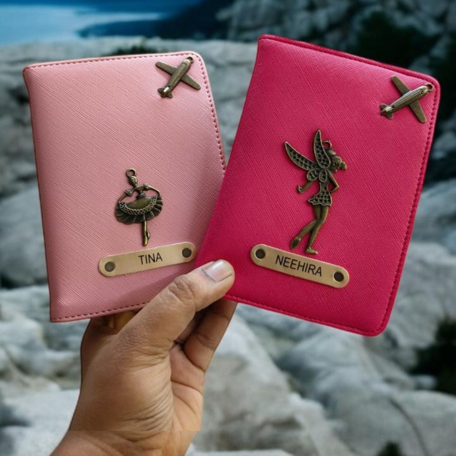 Personalized Lined Textured Leather Passport Cover with Customised Name & Charm