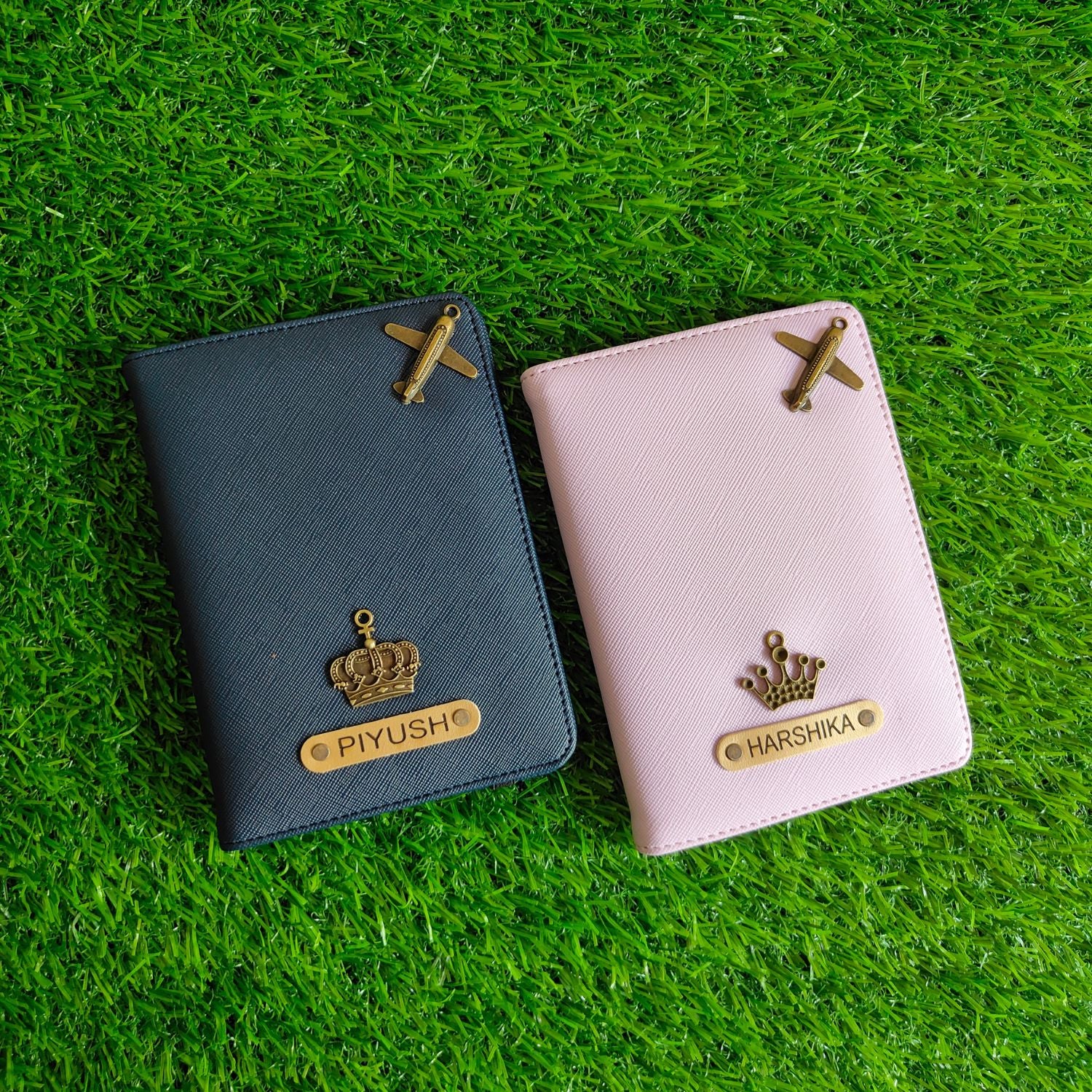 Personalized Lined Textured Leather Passport Cover with Customised Name & Charm