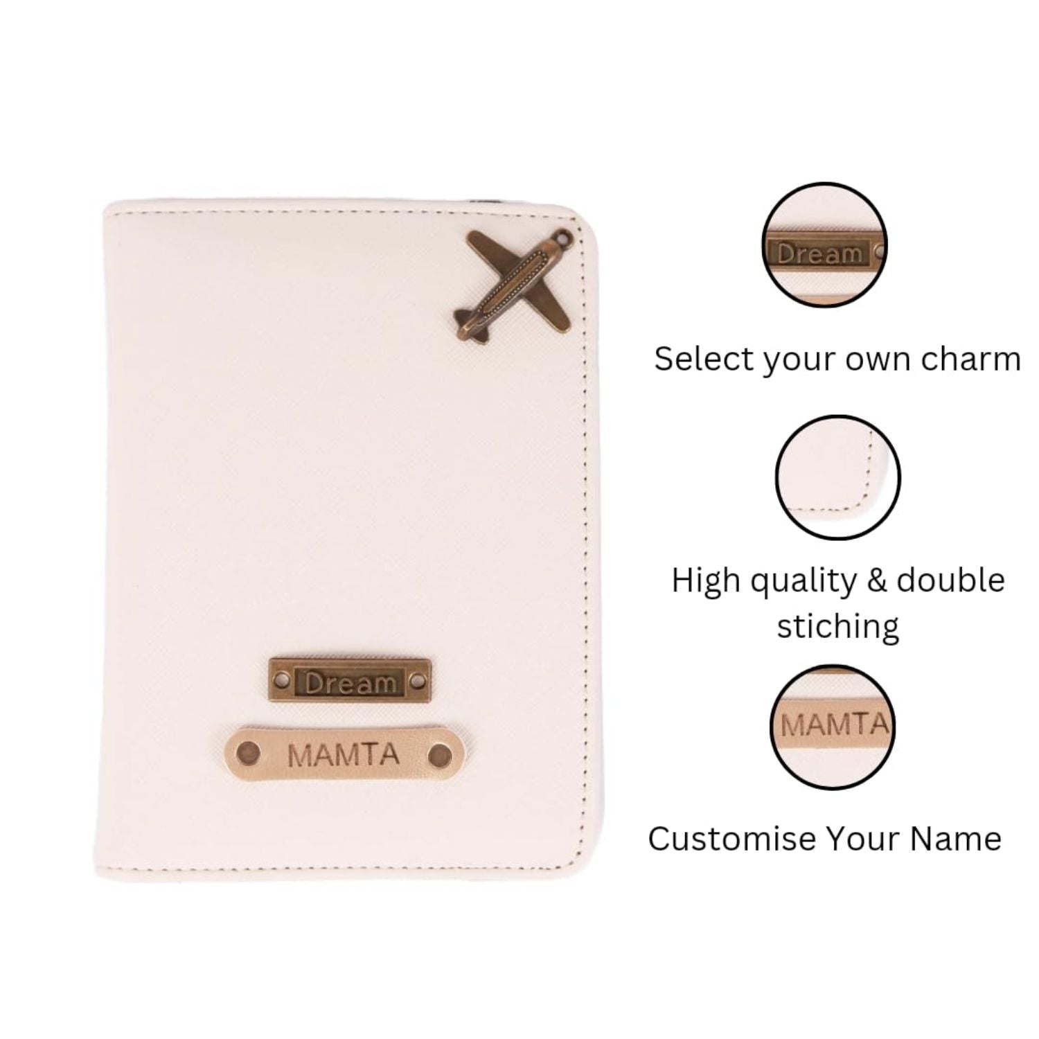 Personalized Lined Textured Vegan Leather Passport Cover with Customised Name & Charm