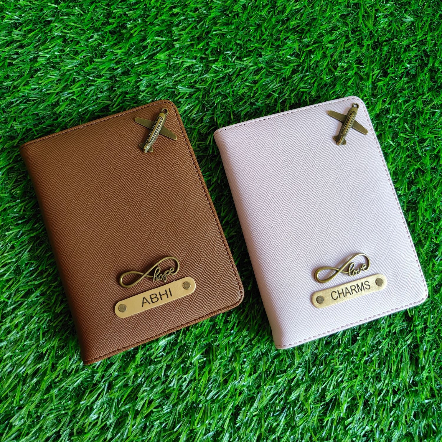 Personalized Lined Textured Leather Passport Cover with Customised Name & Charm